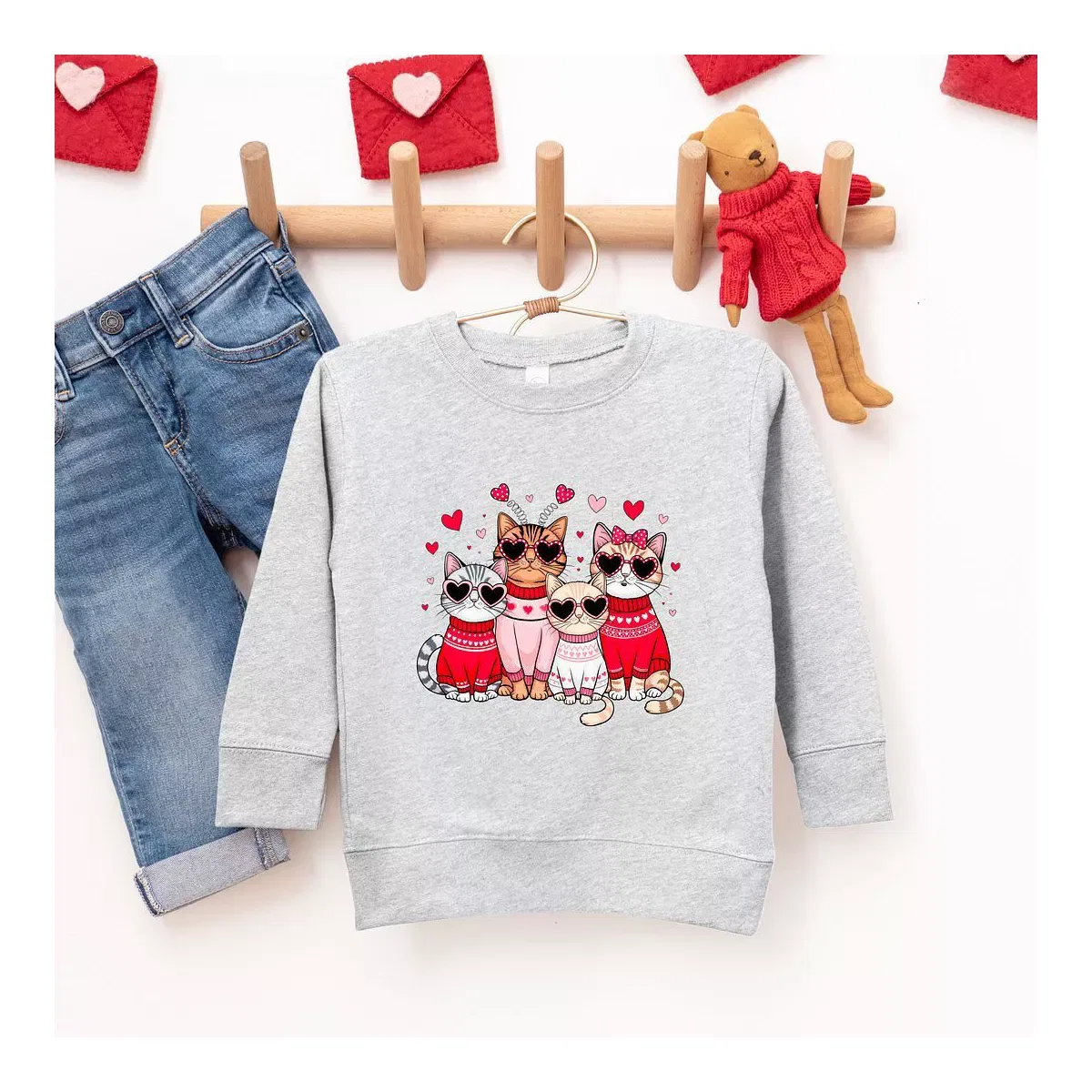 Детский свитшот для девочек с принтом Valentine Kittens The Juniper Shop, Heather Grey — фото 2