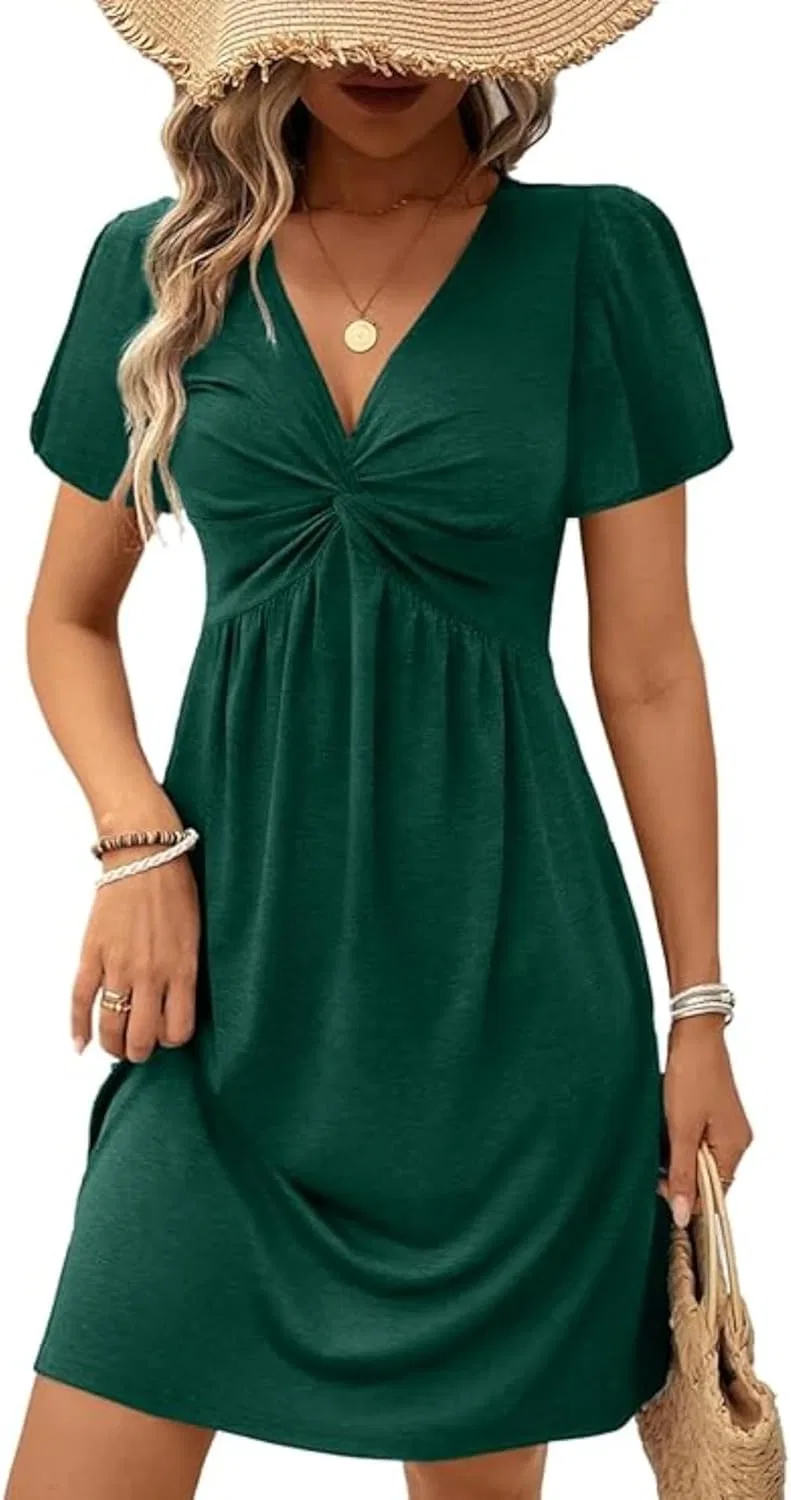 Женское повседневное платье с V-образным вырезом и скрученным передом, Dark Green