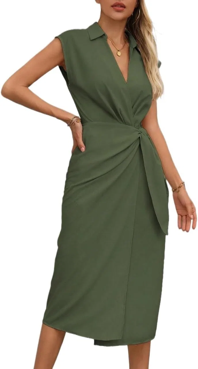 Женское платье миди с высокой талией, скрученное, Army Green