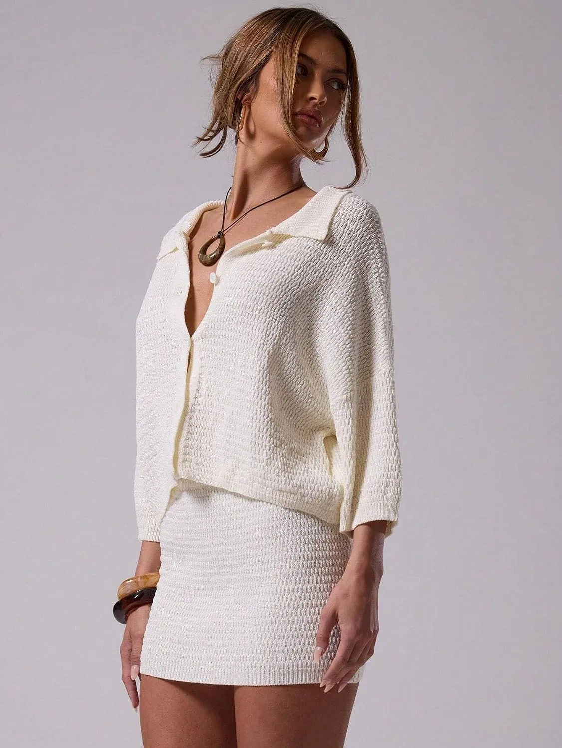 Женская пляжная накидка с воротником и пуговицами Knit Collared, White — фото 4