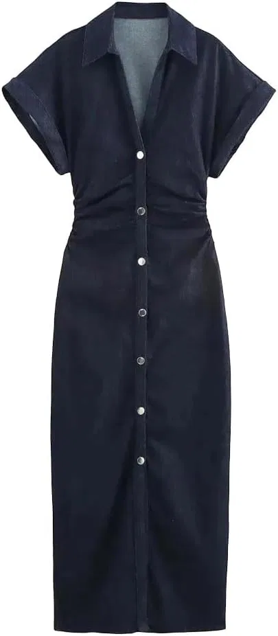 Женское джинсовое платье миди с защипами, Short Sleeve, Black