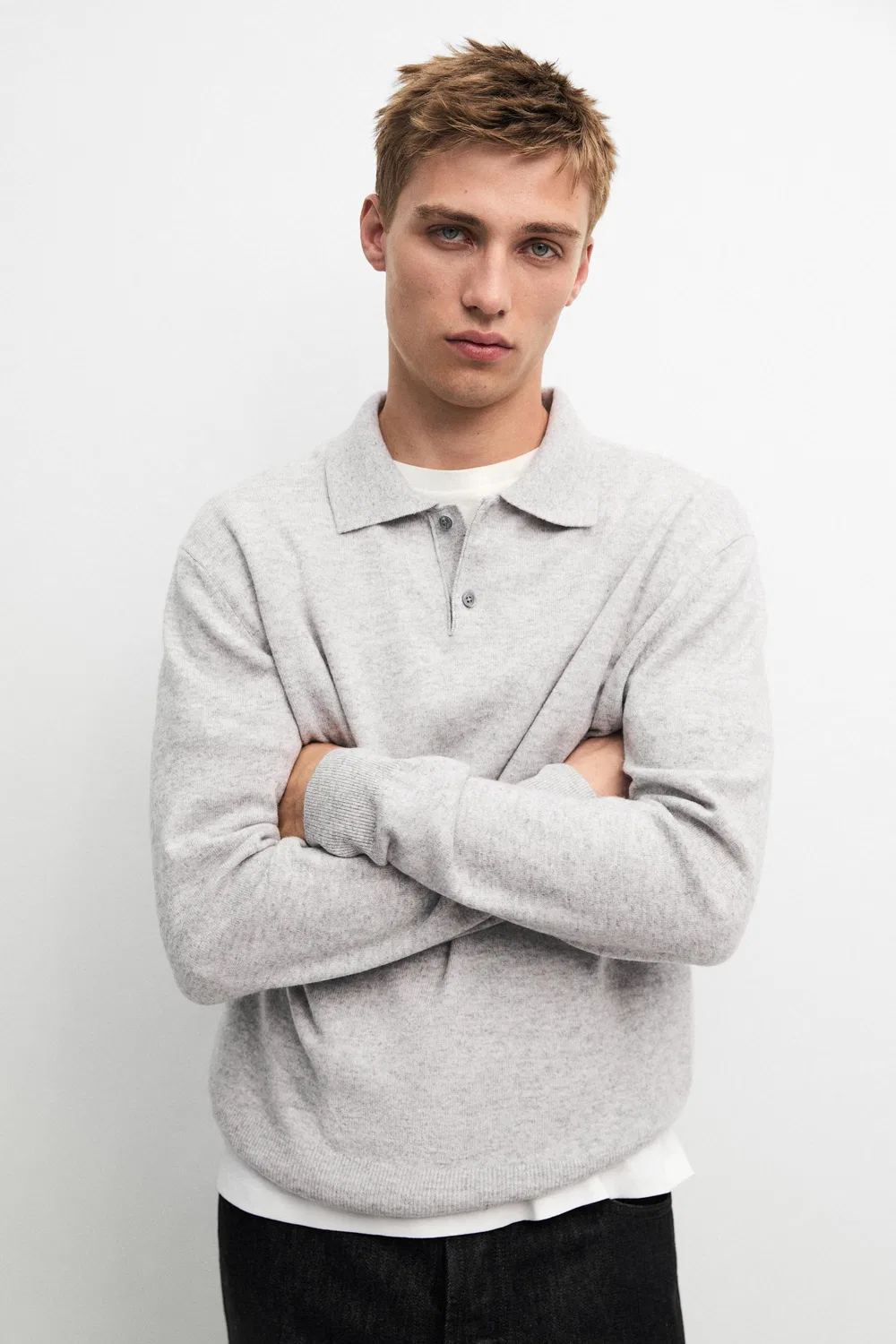 Поло-свитер Massimo Dutti Wool Blend Knit, серый меланж