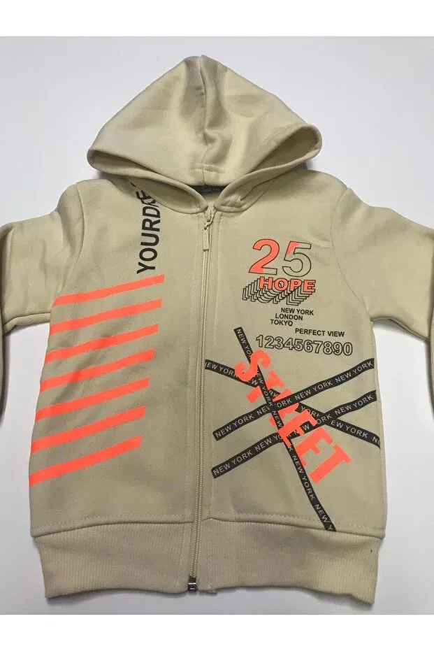 Детское пальто-свитшот с принтом на молнии Winter 3 yarn 25 printed zipper hooded male sweatshirt cardigan Baby Slon Kids Clup, Beige — фото 2