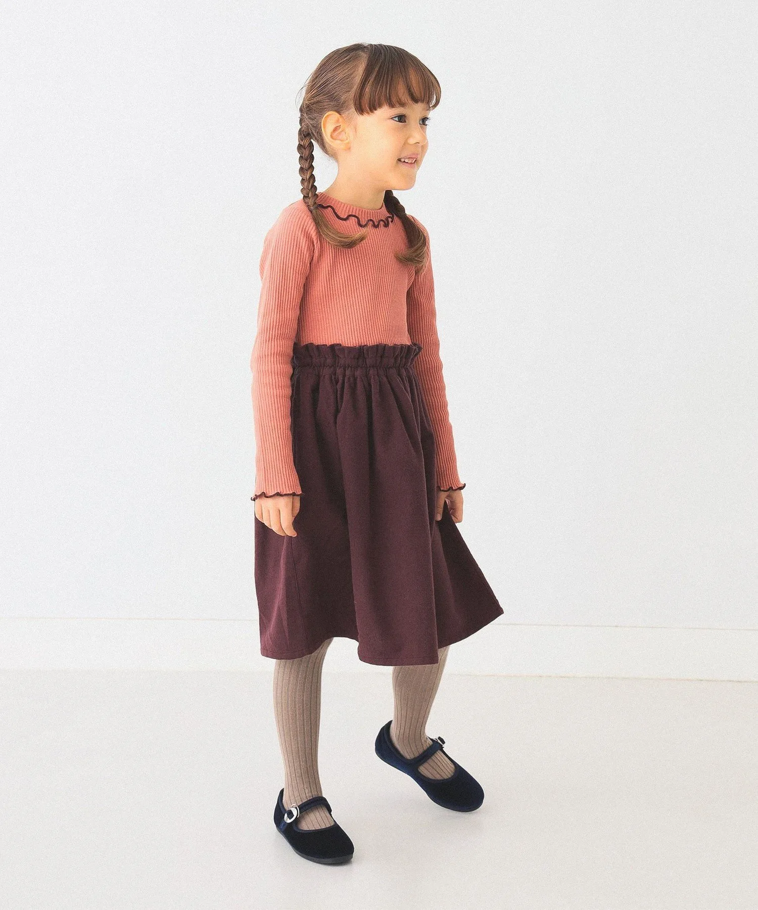 Платье Mellow Rib Switch (90–150 см) BEAMS mini, CORAL×DARK BROWN — фото 4