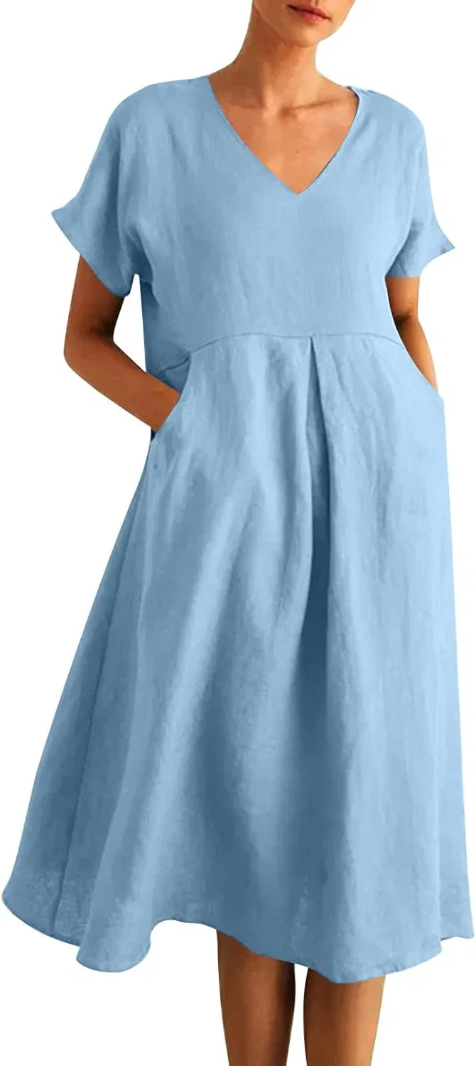 Женское свободное платье миди с V-образным вырезом из льна, Light Blue