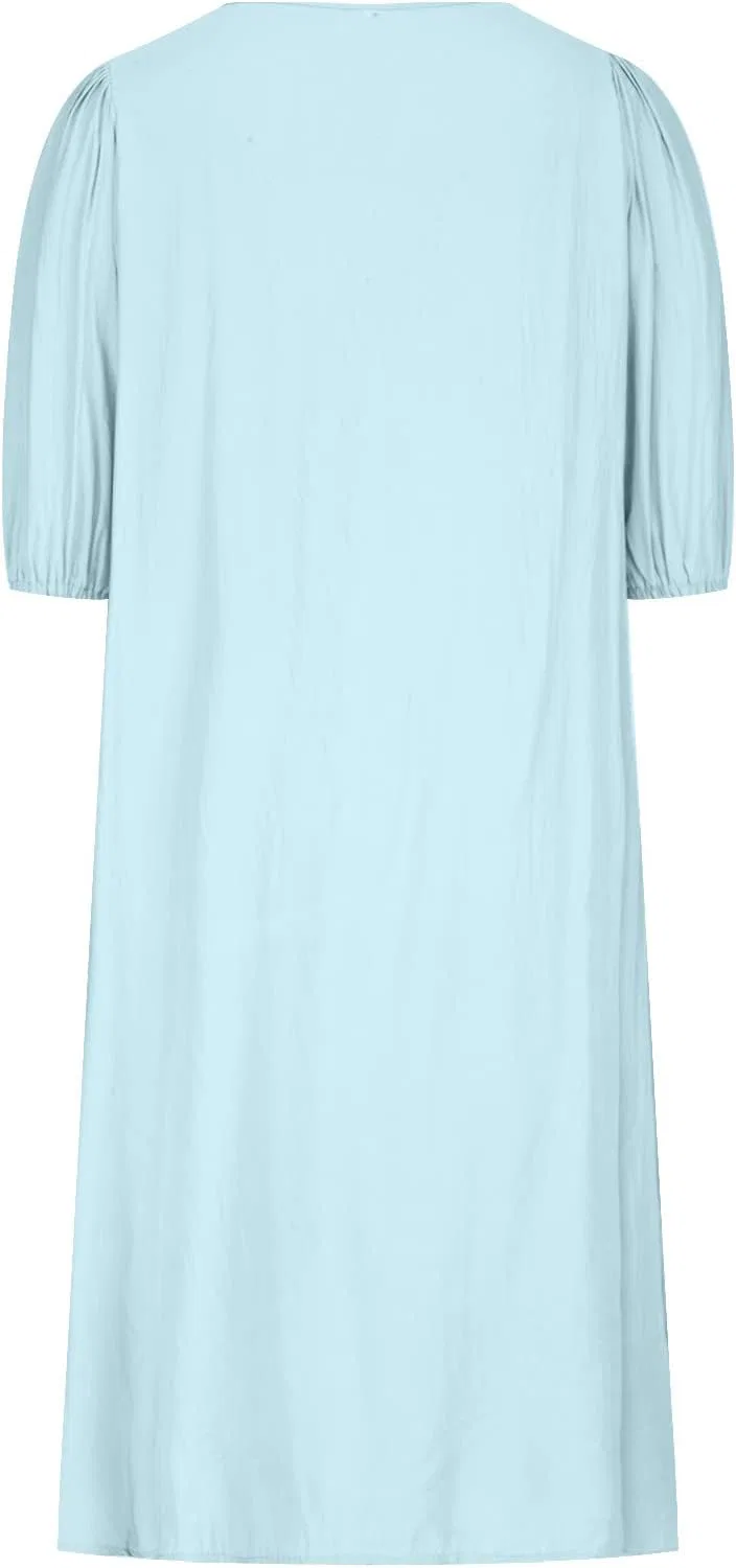 Женское летнее платье миди из хлопка и льна, Light Blue — фото 4