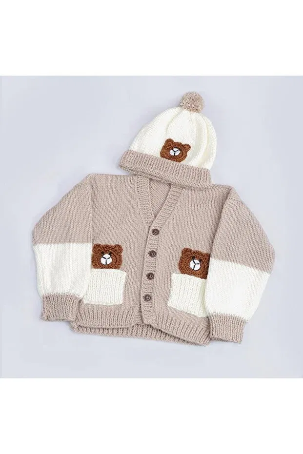 Детский кардиган для мальчиков с вязаным мишкой Hand knitted teddy bear boy cardigan and beret set Evitle, Brown