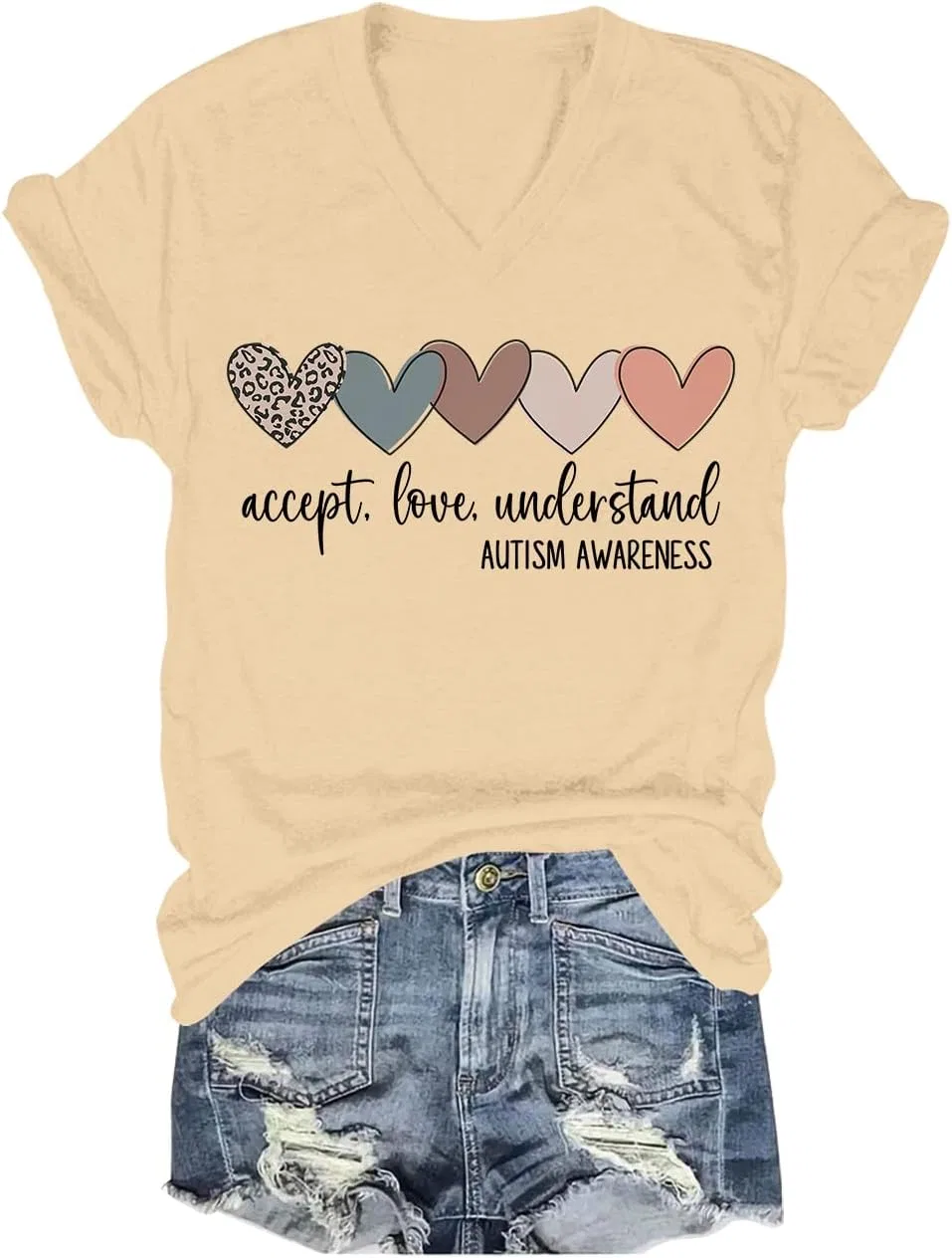 Футболка с V-образным вырезом Accept Understand Love, Khaki