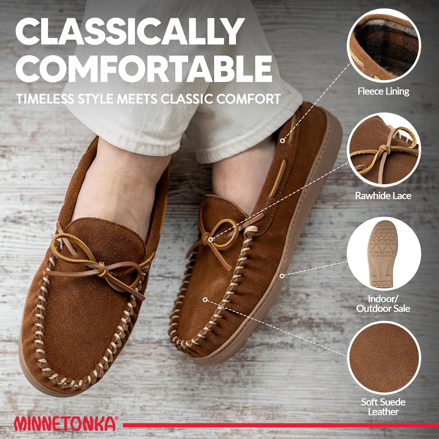 Мокасины Minnetonka для мужчин с твердой подошвой и флисовой подкладкой в клетку, Whiskey — фото 3