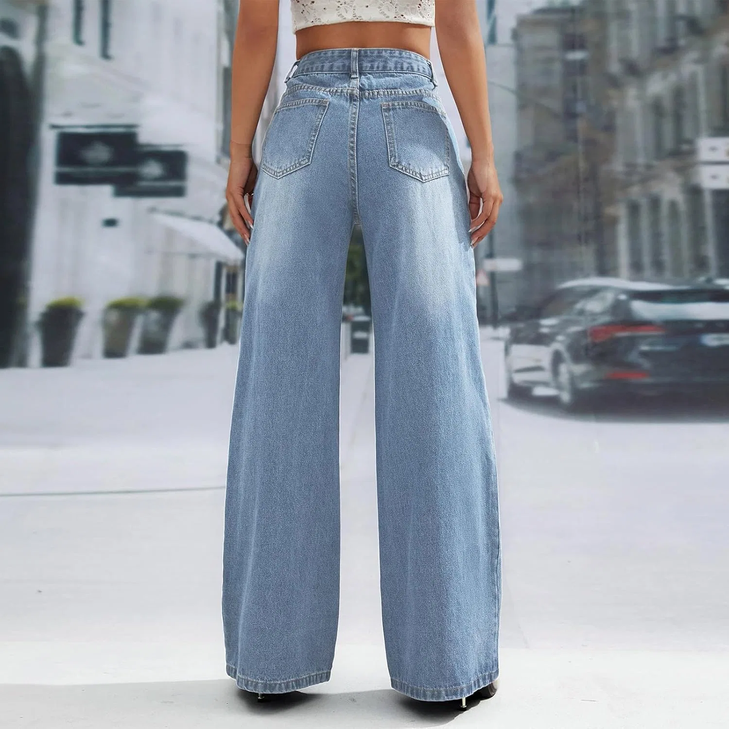 Джинсы с завышенной талией, клеш, Denim, голубой — фото 4