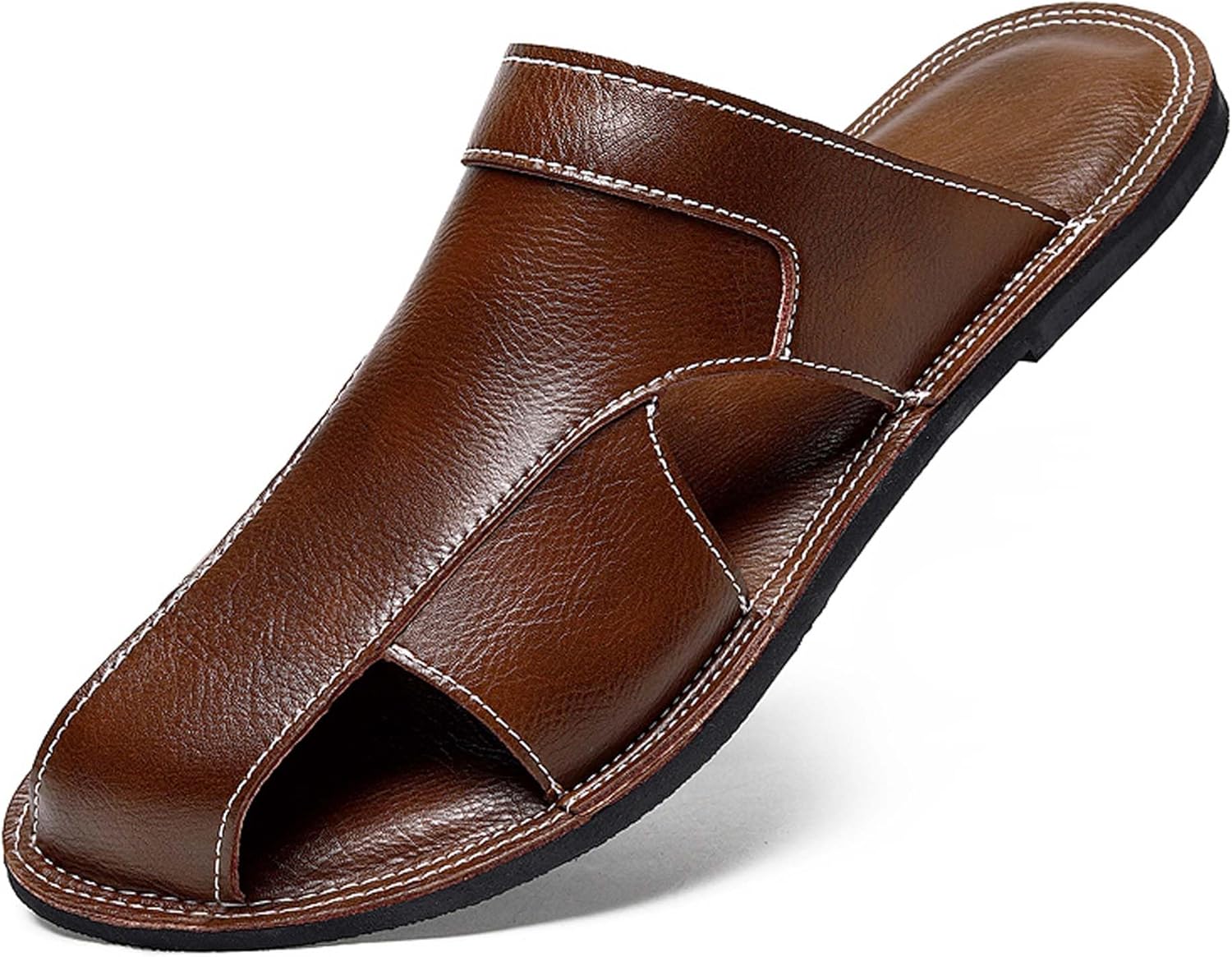

Мужские слайд-сандалии из премиальной натуральной кожи, модные повседневные мужские слайд-сандалии, подошва из резины с противоскользящим эффектом, мягкая и легкая обувь Generic, коричневый