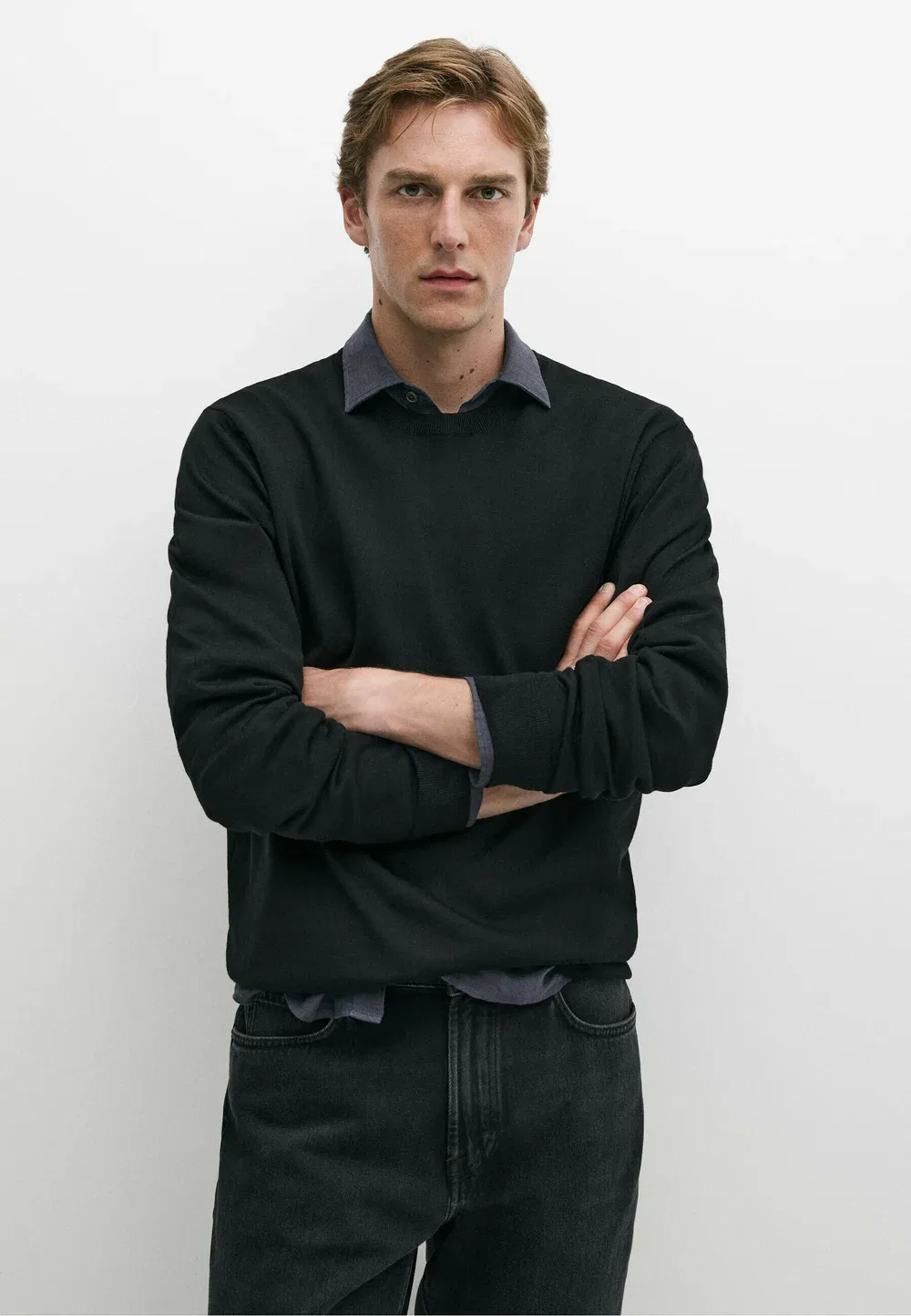 Вязаный свитер с круглым вырезом из 100% мериносовой шерсти Massimo Dutti, Black
