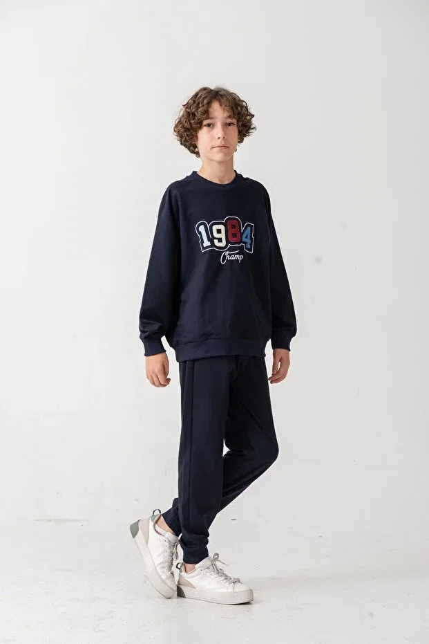 Детский спортивный костюм для мальчиков с принтом 1984 champ applique embroidered printed boys bottom top tracksuit set Mışıl Kids, Navy Blue