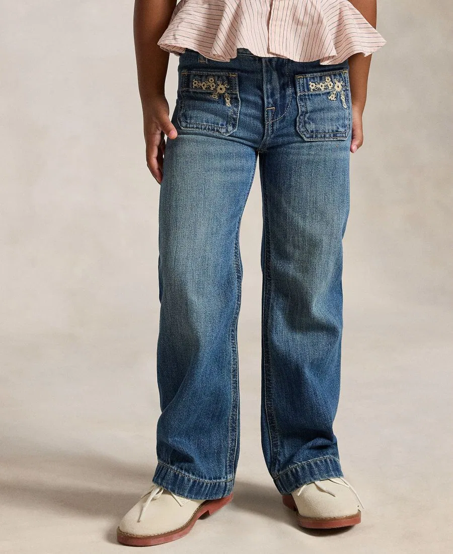 Джинсы с вышивкой и клешем из хлопка, модель Embroidered Flared Cotton Denim Jeans Polo Ralph Lauren, Tulare Wash