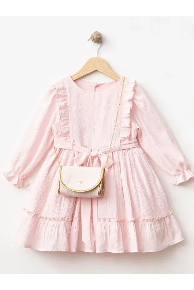 Детское платье для девочек с длинным рукавом Symmetrical ruffle dress Cherrys Bebek, Light Pink — фото 4