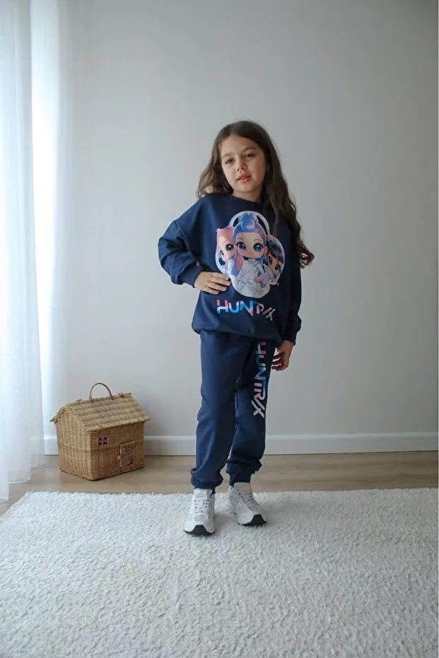 Детский комплект спортивного костюма для девочек из футера Jeliboomkidswear, Navy Blue — фото 2