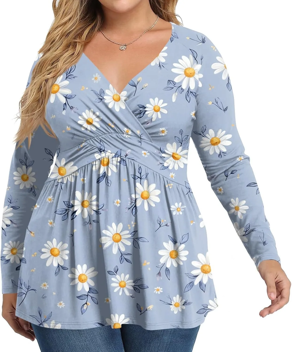

Женская блузка Plus Size с V-образным вырезом и длинными рукавами, Casual & Going Out, Solid & Floral,-5XL FlekmanArt
