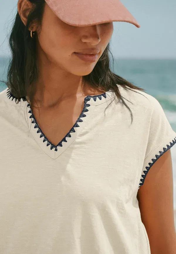 Топ хлопковый Regular Fit Bubblehem Notch Neck Whipstitch Short Sleeve Top Next, белый — фото 2