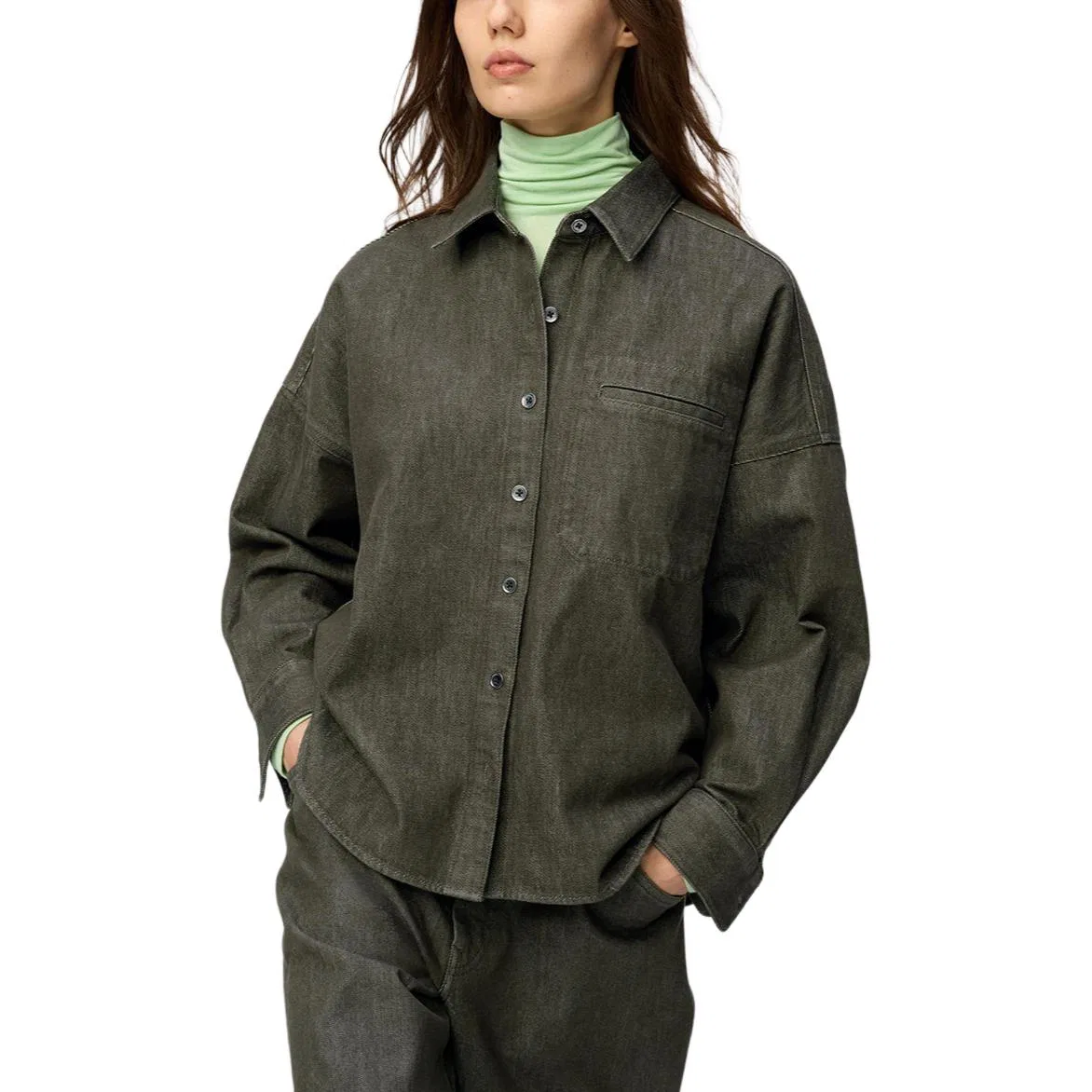 Женская джинсовая куртка с лацканами, Dark Olive, UNIQLO — фото 3
