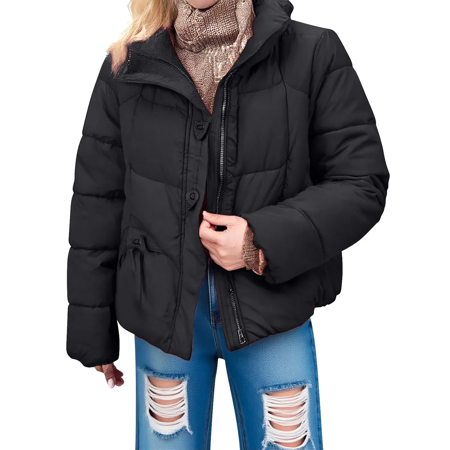 Женская куртка с капюшоном, стеганая, длинным рукавом, Nero