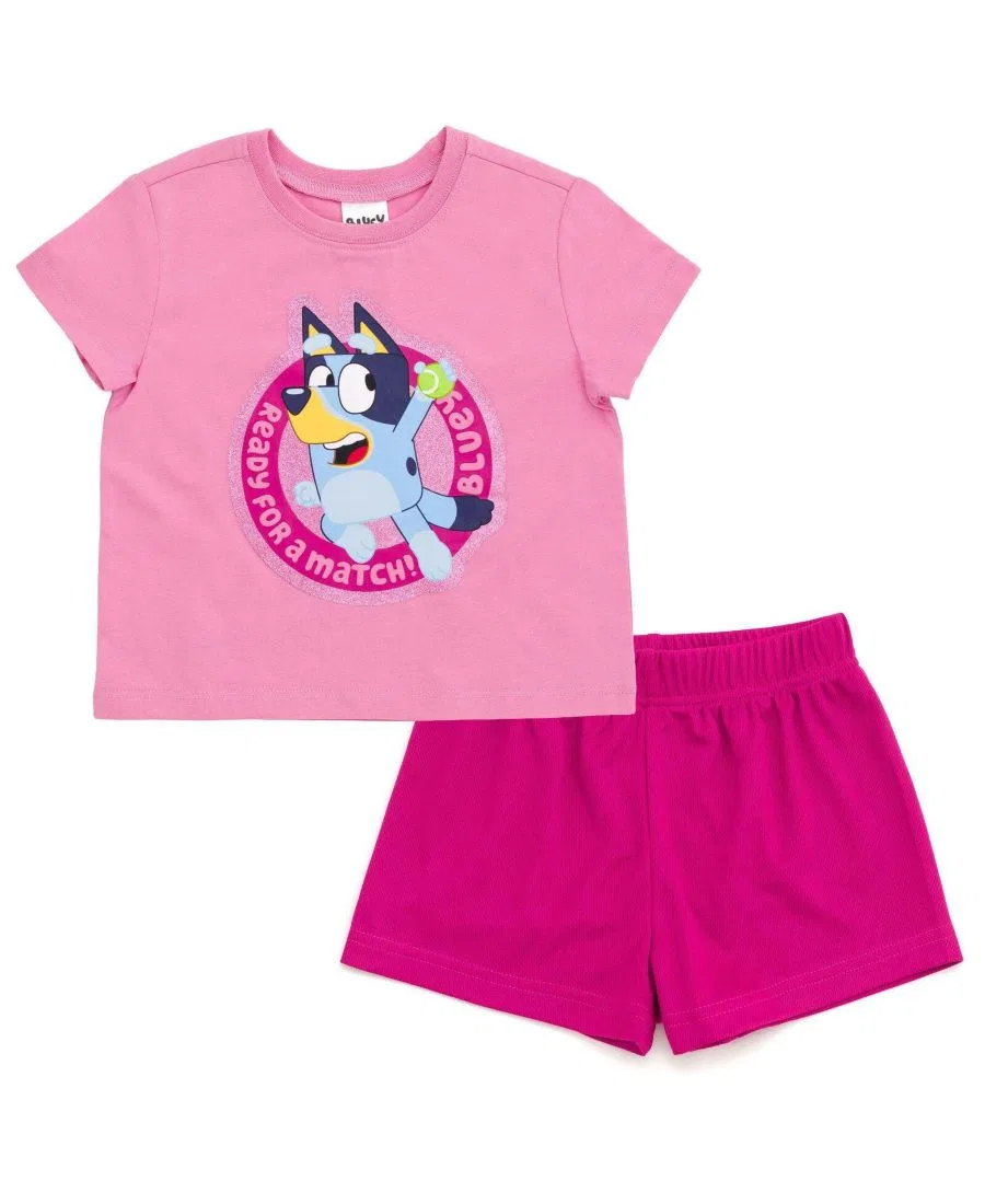 Детский спортивный комплект из футболки и шорт с принтом Bluey Bluey, Magenta Pink Bluey