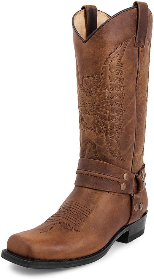 

Мужские классические ковбойские сапоги с квадратным носком, вышивкой, ремнями, до середины голени, на подъем, из искусственной кожи, мужские западные сапоги Hhhchpm, коричневый