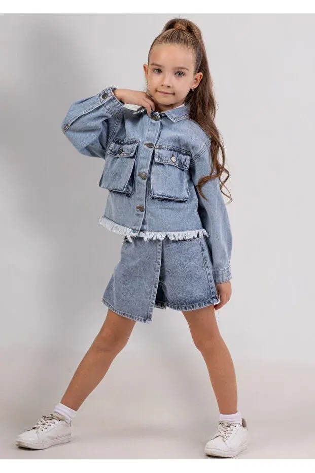 Джинсовая куртка для девочки с бахромой снизу Ww Waka Waka Kids Store — фото 3