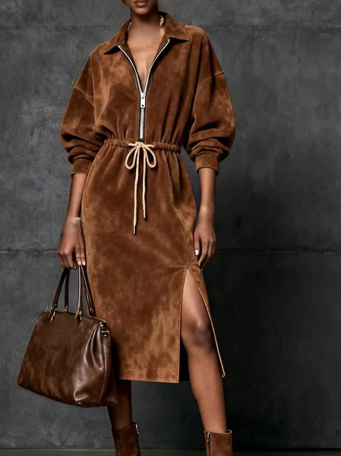 Женское платье миди с застежкой-молнией Suede Zipper, Brown — фото 2