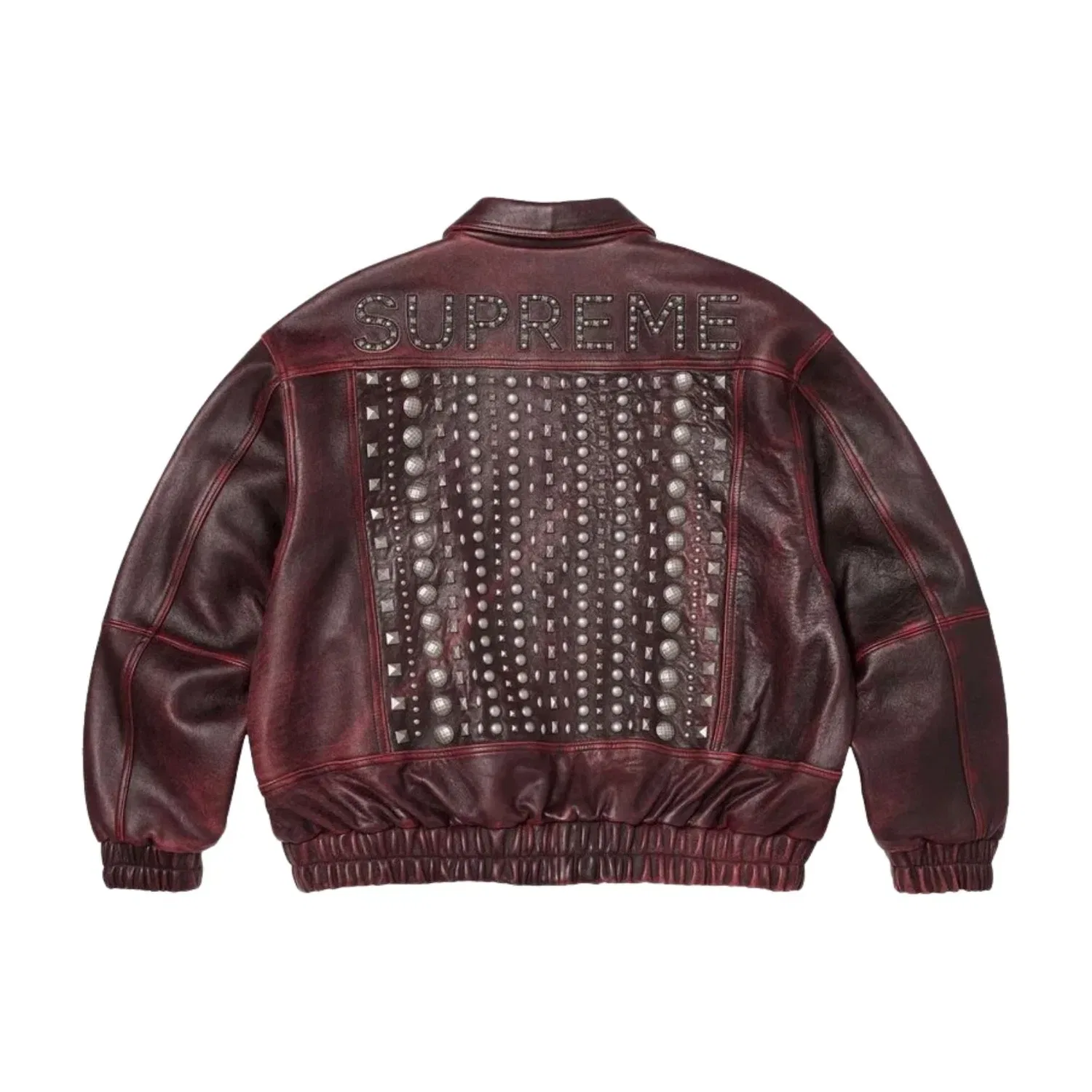Мужская кожаная куртка с шипами Supreme SS26 Multi Studded Leather Jacket, цвет Burgundy — фото 2