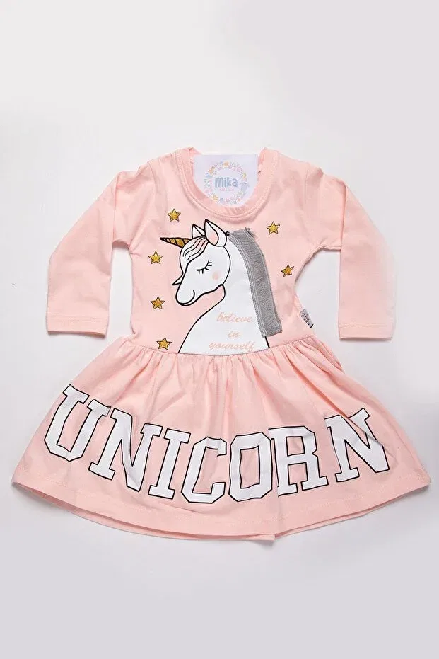 Детское платье для девочек с принтом Unicorn salmon, Mika Bebek & Çocuk, Salmon — фото 2