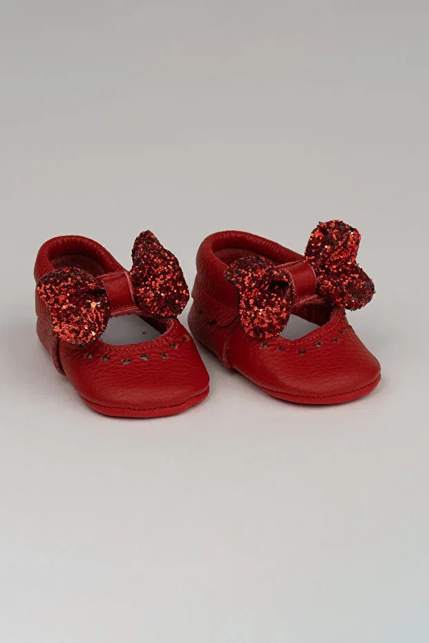 Детские мокасины из натуральной кожи для девочек Hearted genuine leather baby moccasin red ribbon Deriza, Red — фото 3