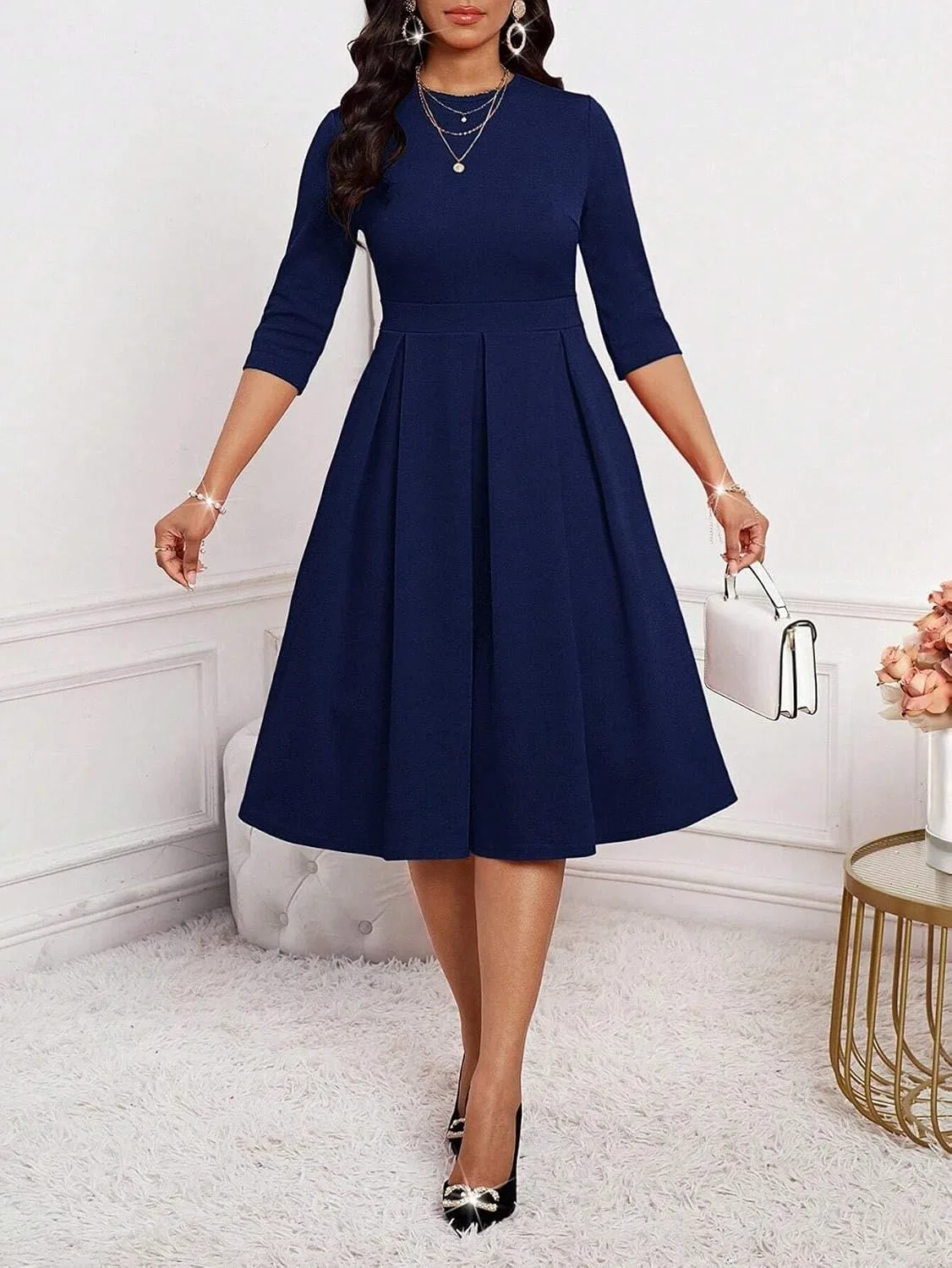 Женское миди платье А-силуэта с высокой талией, Navy Blue — фото 3