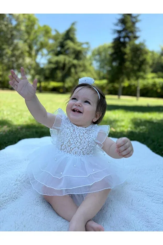 Детское боди-комбинезон для девочек кружевной Bonita lace baby girl romper with bow on the back Ministok, White — фото 4