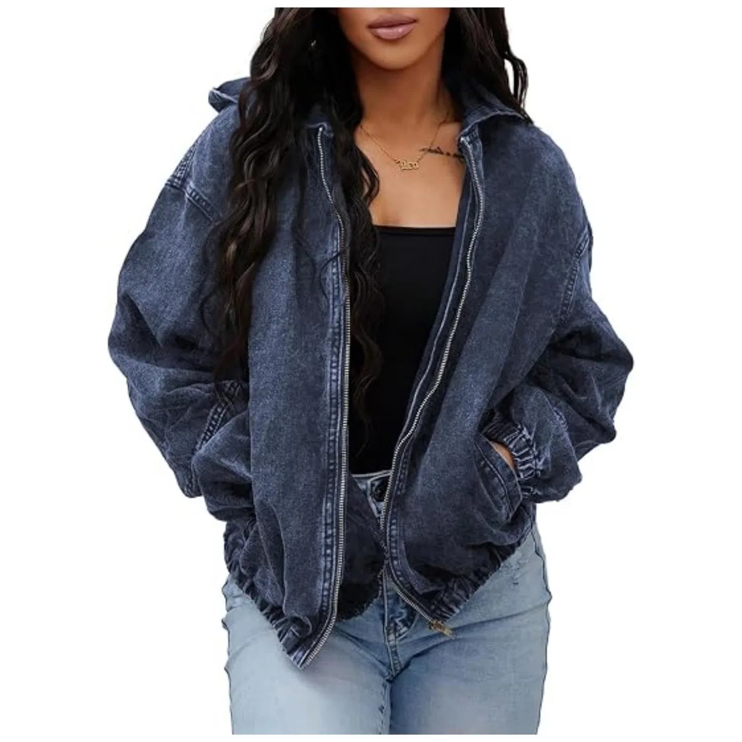 Женская джинсовая куртка oversize с капюшоном и молнией, черная, Blue