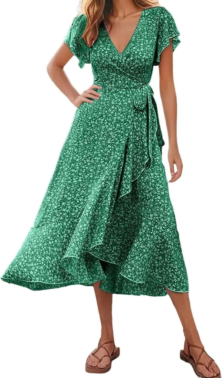 Женское богемное платье с цветочным принтом Wrap V Neck, Green