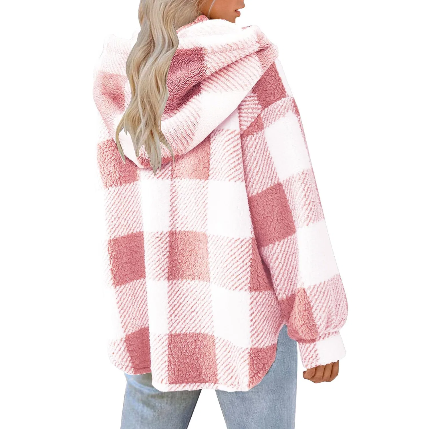 Женское пальто из флиса с капюшоном, в клетку, с длинным рукавом, Rosa — фото 3