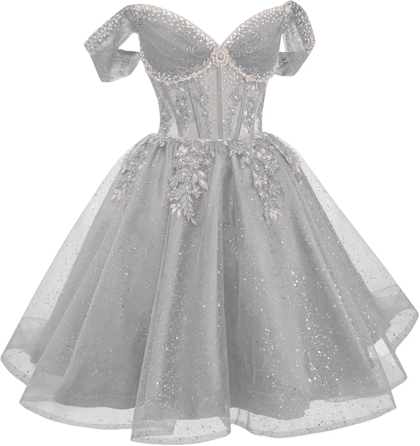 Женское коктейльное платье с блестящим тюлем Off Shoulder, Silver