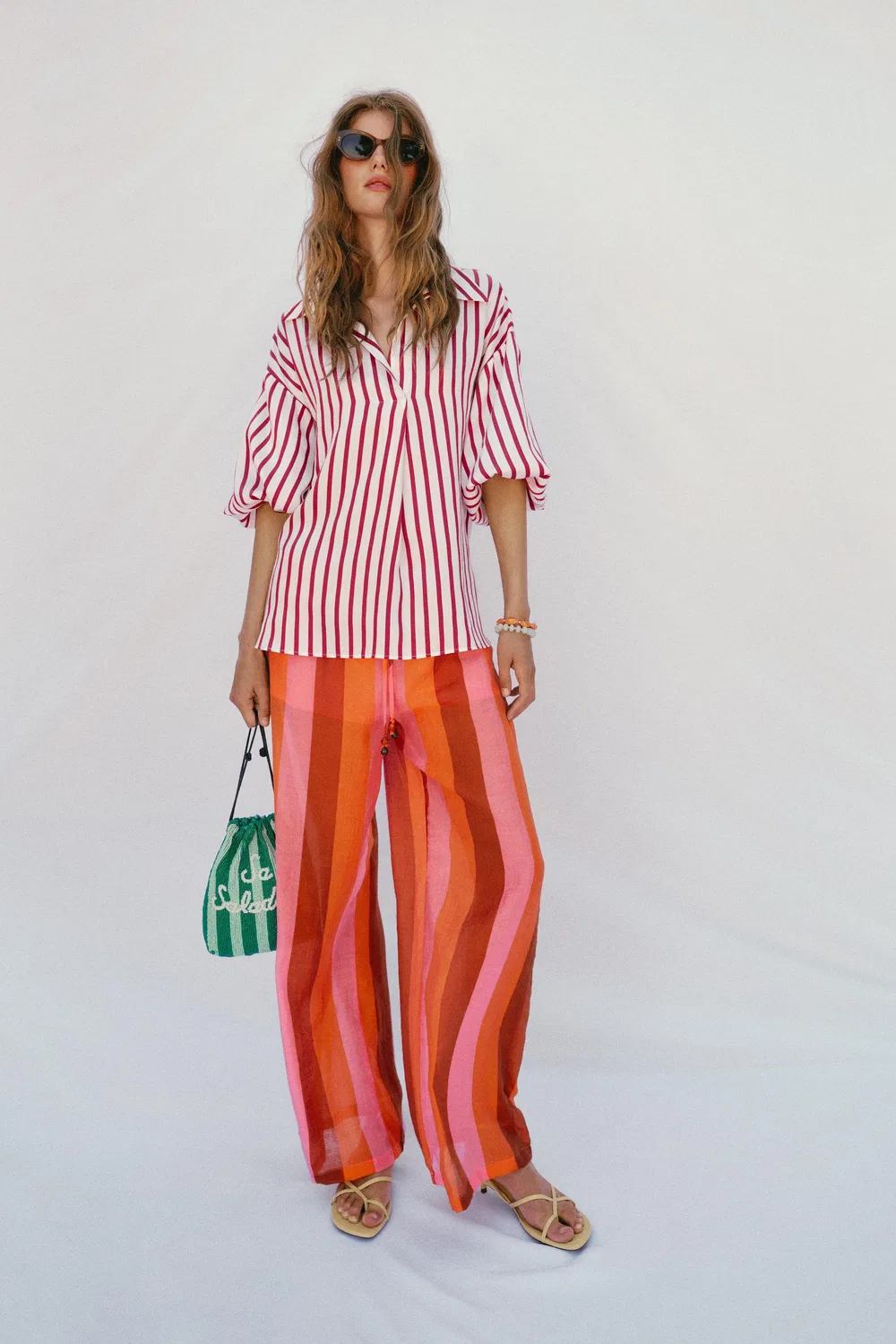 Рубашка в полоску с пышными рукавами ZARA, Red/White
