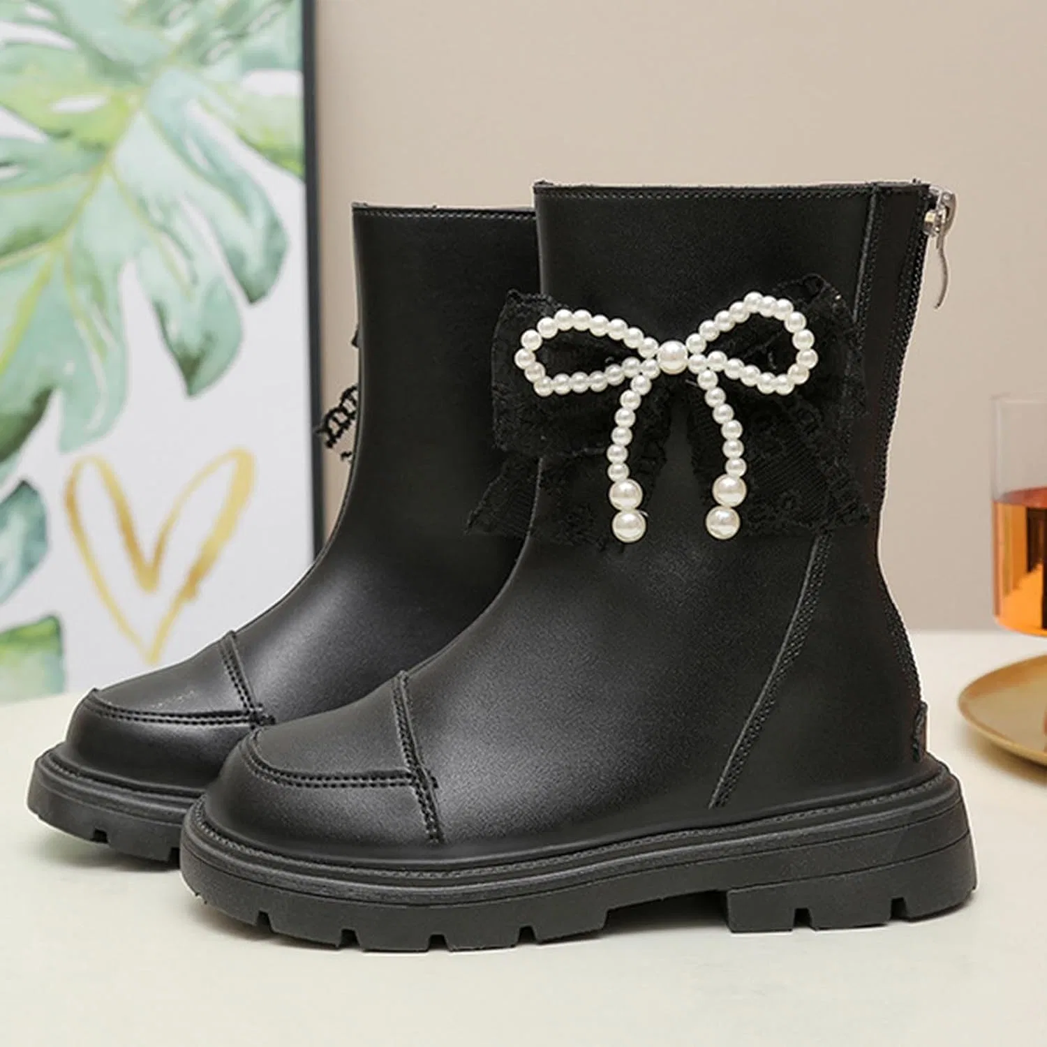 Детские сапоги для девочек с бантом и жемчугом Mid Calf Riding Boots Zzalalana, Black — фото 3