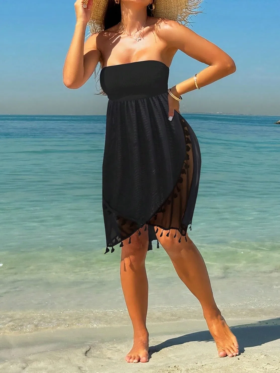 Женская пляжная накидка с разрезом, Sleeveless Strapless Bra Top, Black — фото 2