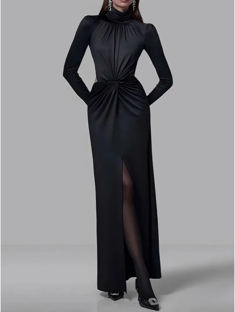 Женское платье макси с высоким воротом и открытой спиной, Black — фото 2