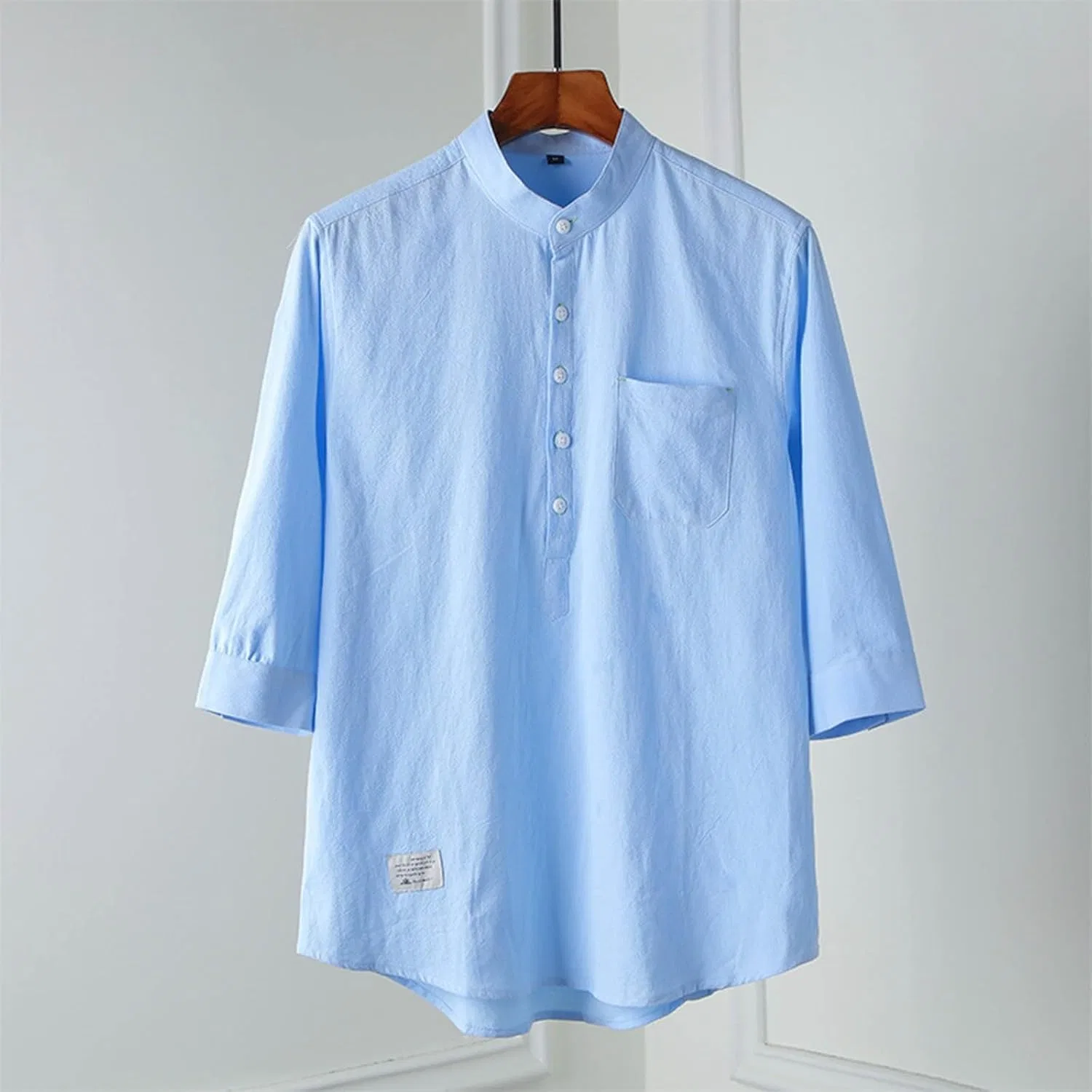 Мужская хлопковая футболка с пуговицами Henley, Light Blue — фото 4