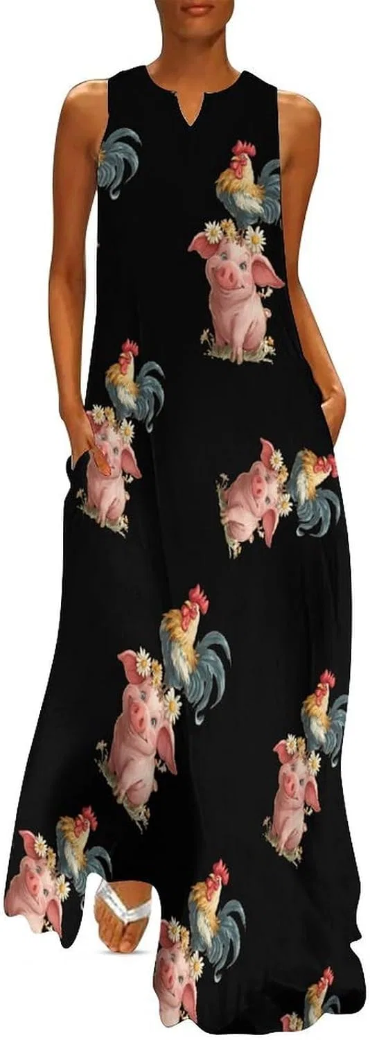 Женское макси-платье без рукавов Funny Pigs and Chicken, Style