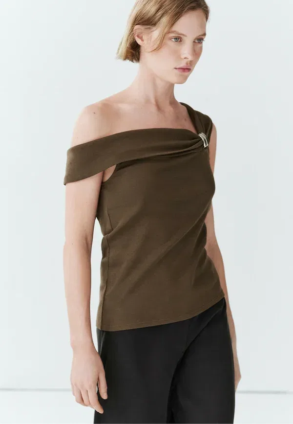 Топ с открытыми плечами с деталью из драгоценностей Massimo Dutti, Khaki, хаки