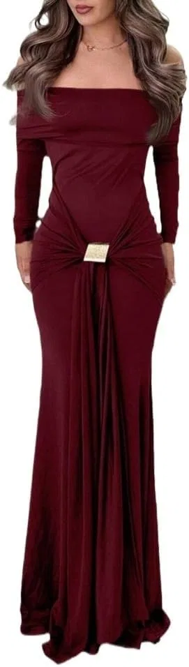 Женское длинное платье-бодикон с открытыми плечами Burgundy