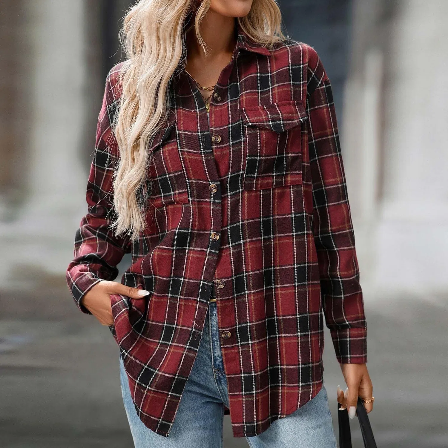 Женская рубашка-жакет с принтом в клетку, модель Plaid Flannel Shirts, Wine — фото 3