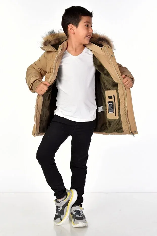 Детское пальто для девочек пуховое с капюшоном Natural fur boy puffer coat Benitto Kids, Beige — фото 4