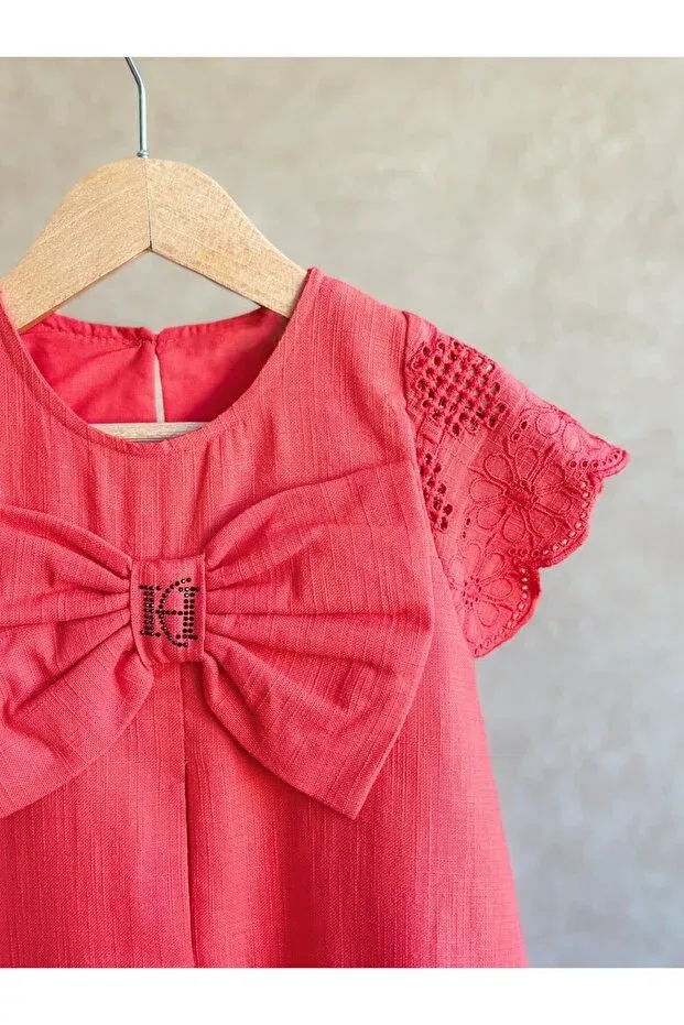 Детское платье для девочек с коротким рукавом Elisa bow detail dress Pinkitokids, Mercan — фото 2