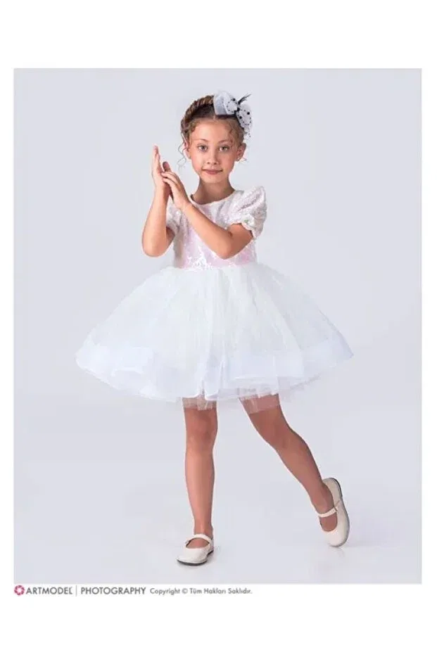 Детское платье для девочек с пайетками Tutu Green Skirted Girl's Sequined Short Sleeve Kikidi Dress Esterella, White — фото 3