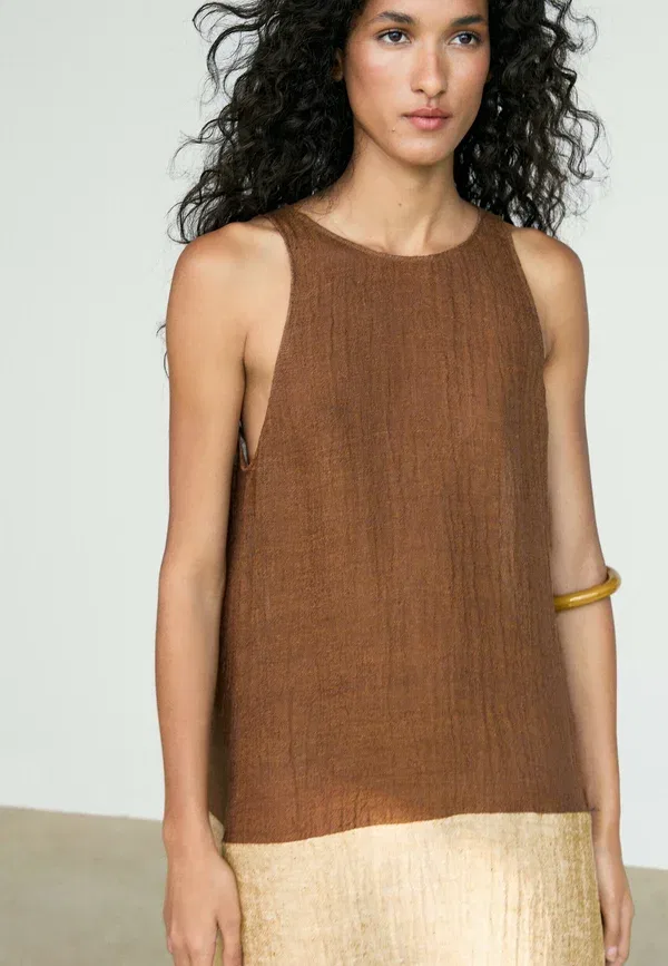Платье длинное из льна Maxi dress Massimo Dutti, темно-коричневый — фото 3